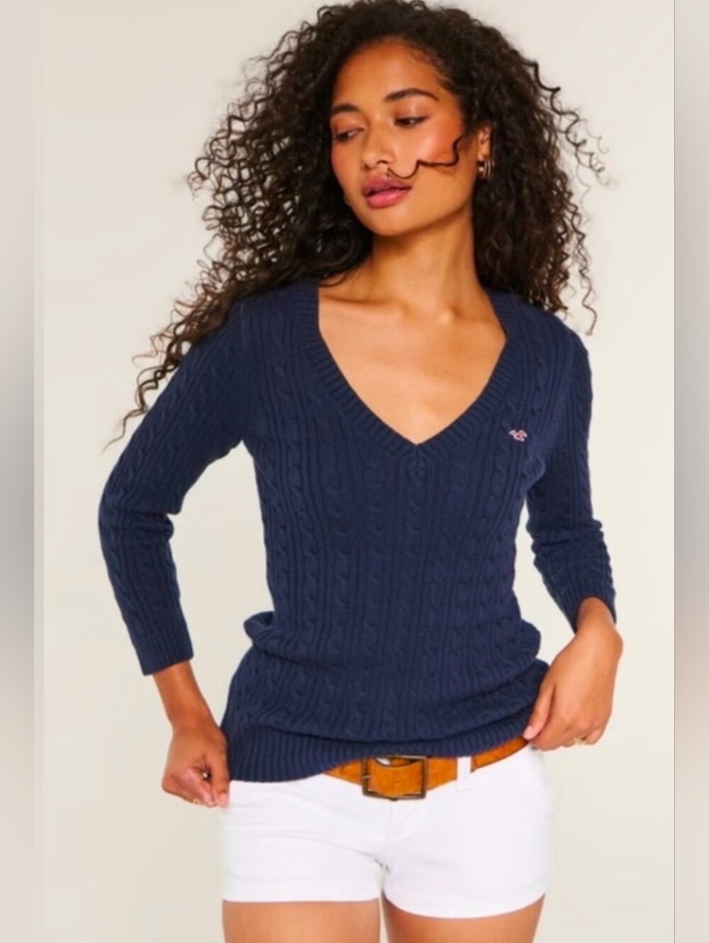 Hollister Ivy Cable-Knit V-Neck Sweater-M #123